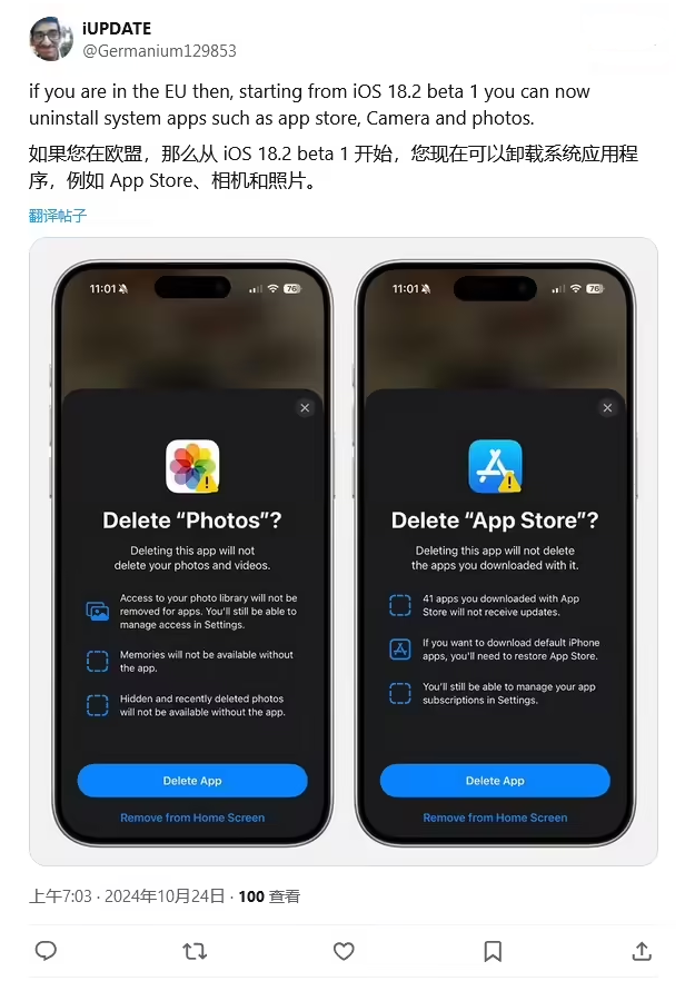 灯塔苹果手机维修分享iOS 18.2 支持删除 App Store 应用商店 